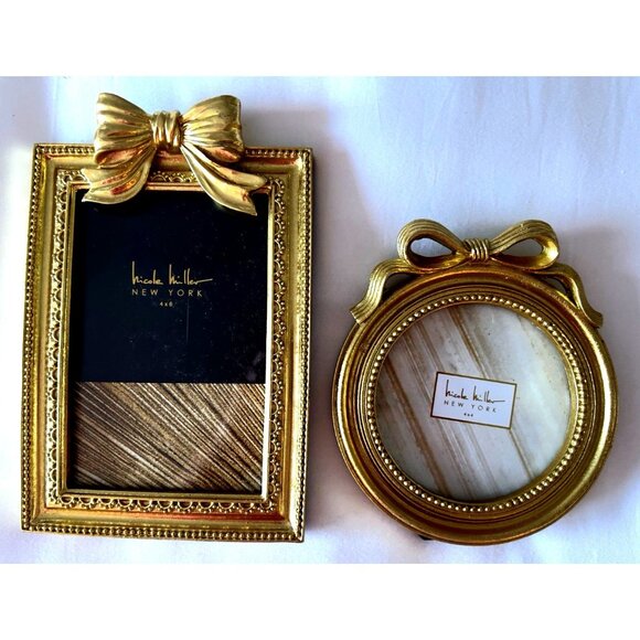 Set 2 Nicole Miller NY Bow Frames Gold Beaded Edge 4 x 6 Portrait 4 x 4 Round - Picture 1 of 11